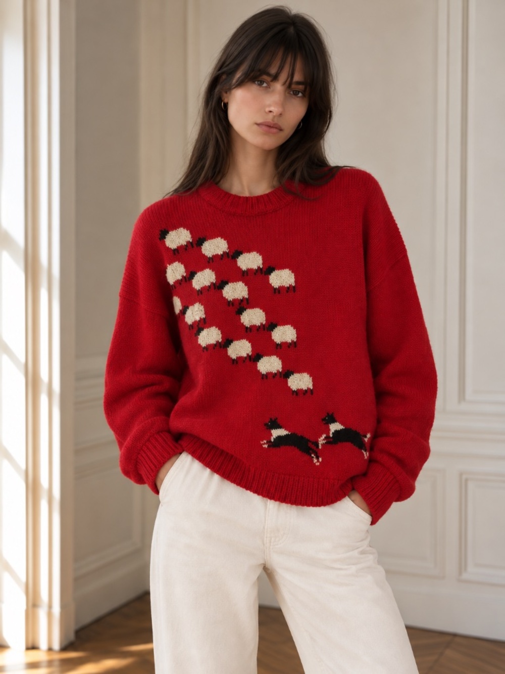 Vintage Red Wool Crewneck Sheep Sweater size Large
